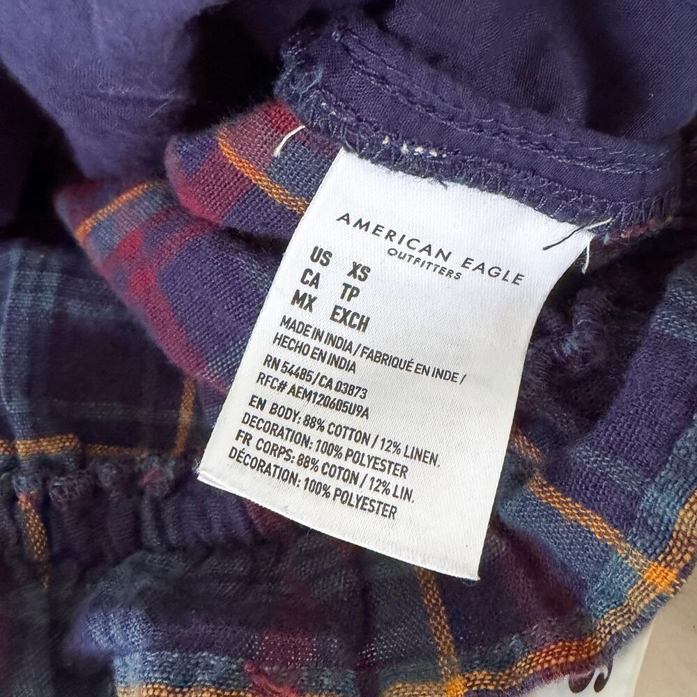 NWT American Eagle Navy Plaid Lace Trim Puff Sleeve Peasant Top XS Cottagecore - Picture 8 of 8